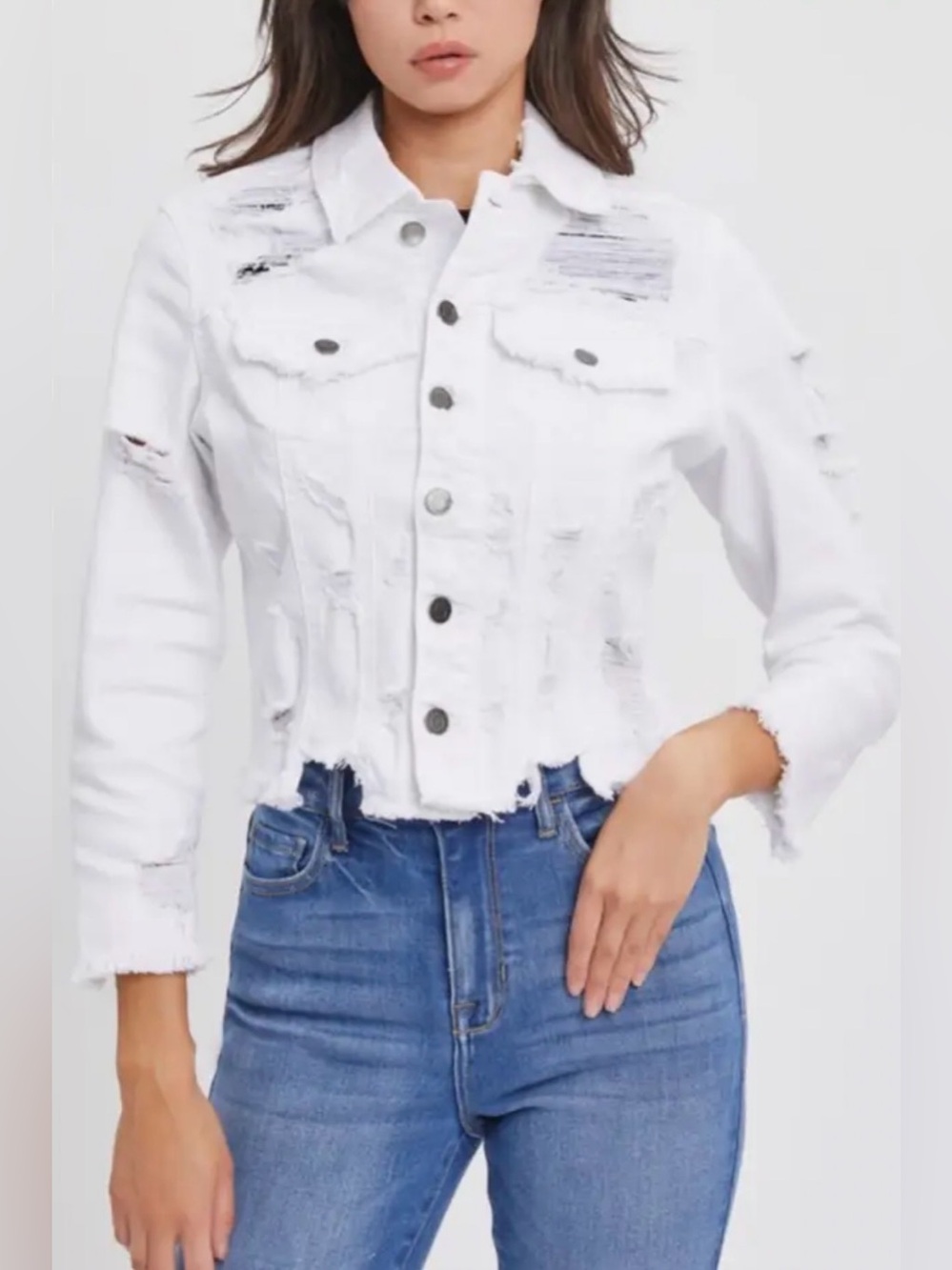 Cello Distressed Denim Jacket in white, featuring heavy shredding and frayed hem